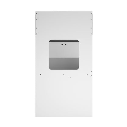 Hann Kids Single Loft Bed Desk Storage in White and Natural, featuring a two-door cabinet with black knobs visible through a white panel cut-out, accented by small fastener holes around the edges.