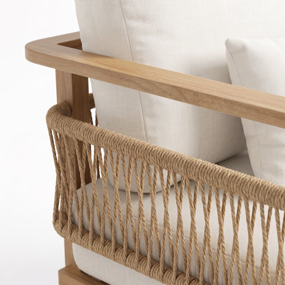 Close-up partial view of a chair with wood frame and rope detail