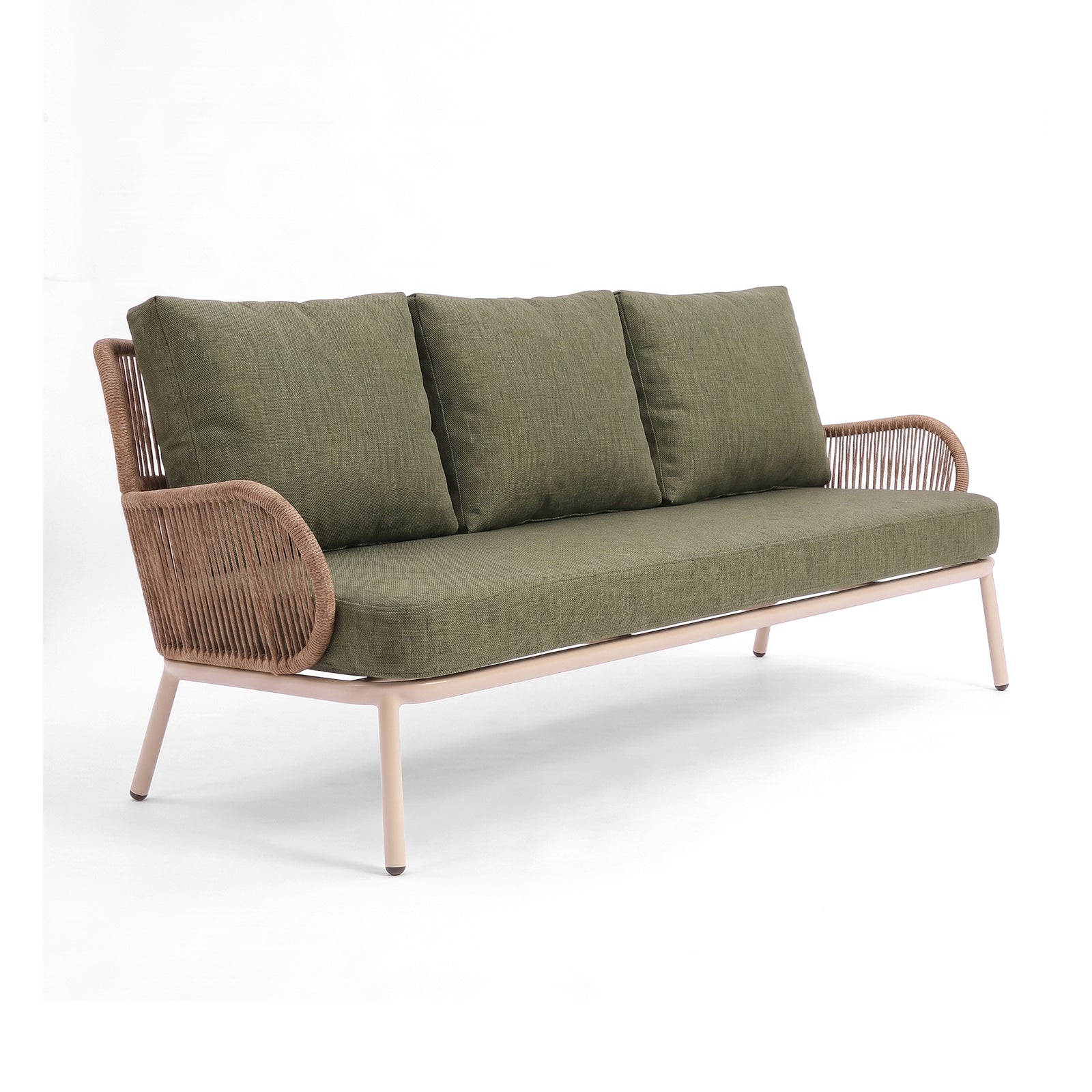 Three-seater sofa with green cushions and woven armrests on a white background