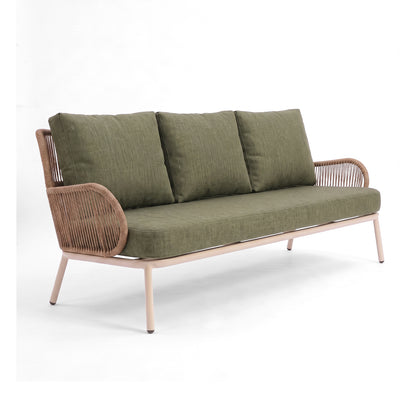 Three-seater sofa with green cushions and woven armrests on a white background