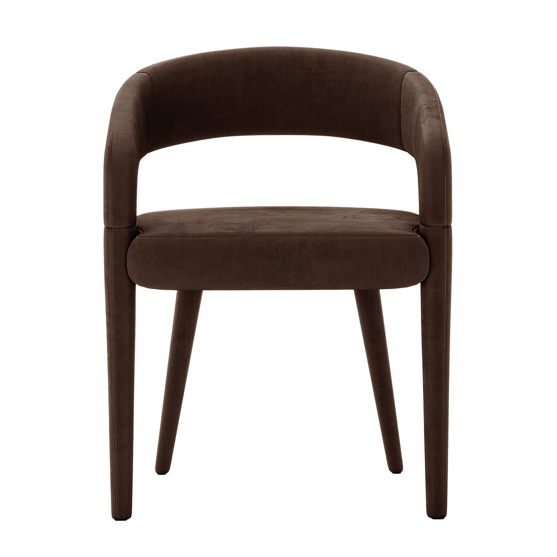 Eisha Velvet Dining Chair Set of 2 in Deep Mocha Brown features a modern curved backrest, plush velvet upholstery, and slender tapered legs, blending style and comfort for versatile dining or accent seating.