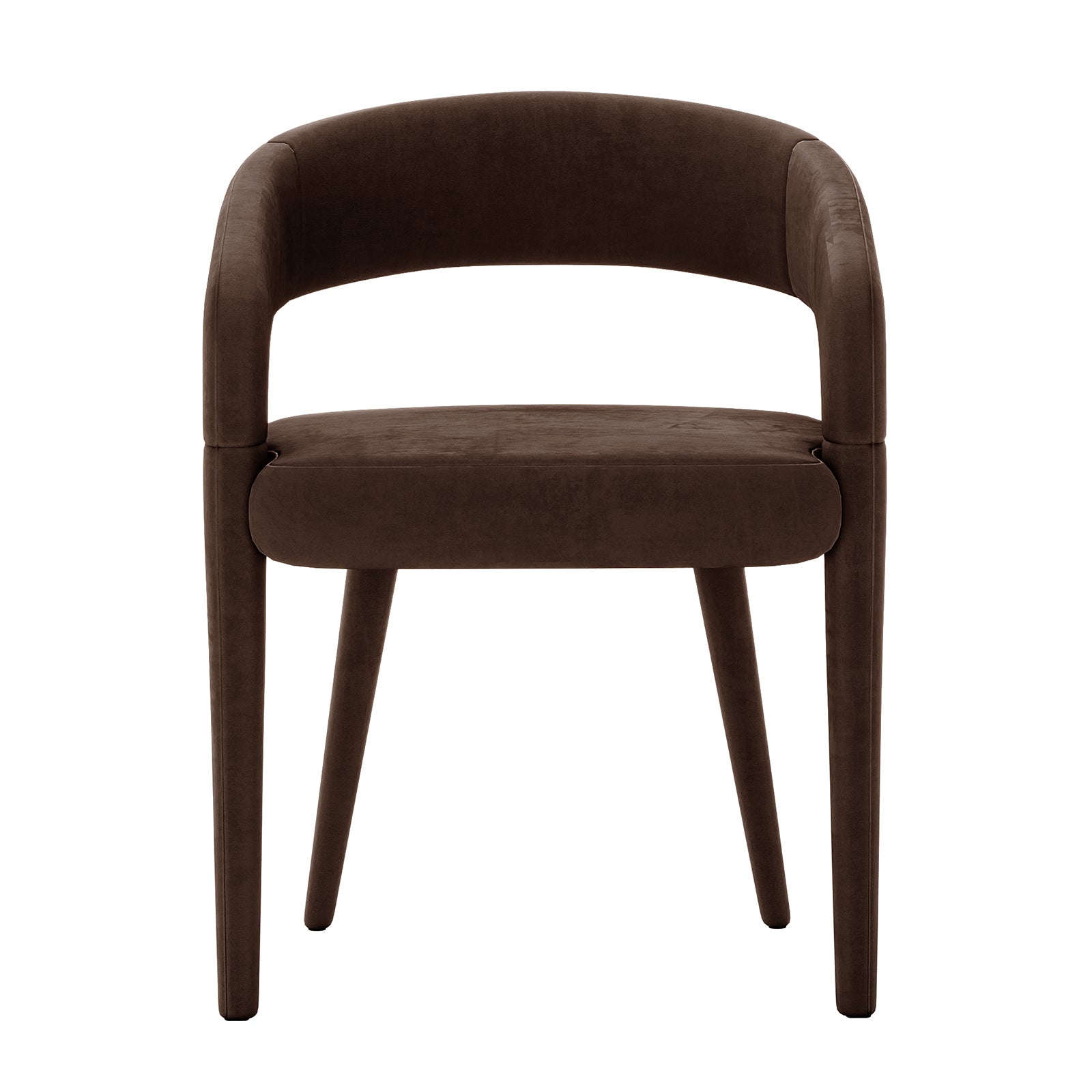 Eisha Velvet Dining Chair Set of 2 in Deep Mocha Brown features a modern curved backrest, plush velvet upholstery, and slender tapered legs, blending style and comfort for versatile dining or accent seating.
