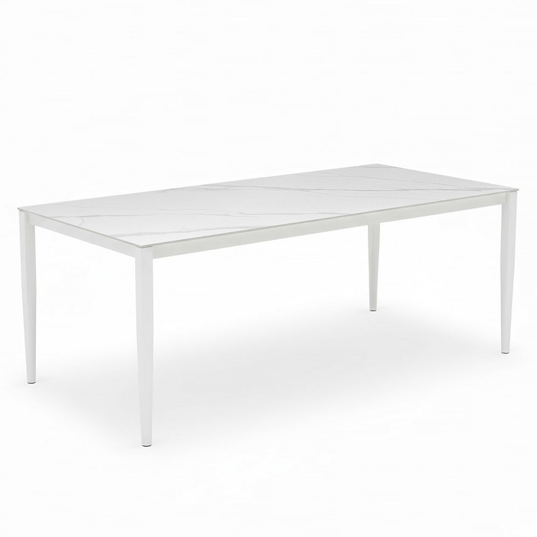 Cabria 9 Piece Sintered Stone Outdoor Dining Set features a sleek, minimalist table with a faux-marble top and slim white frame, complemented by eight cushioned chairs for stylish alfresco dining.