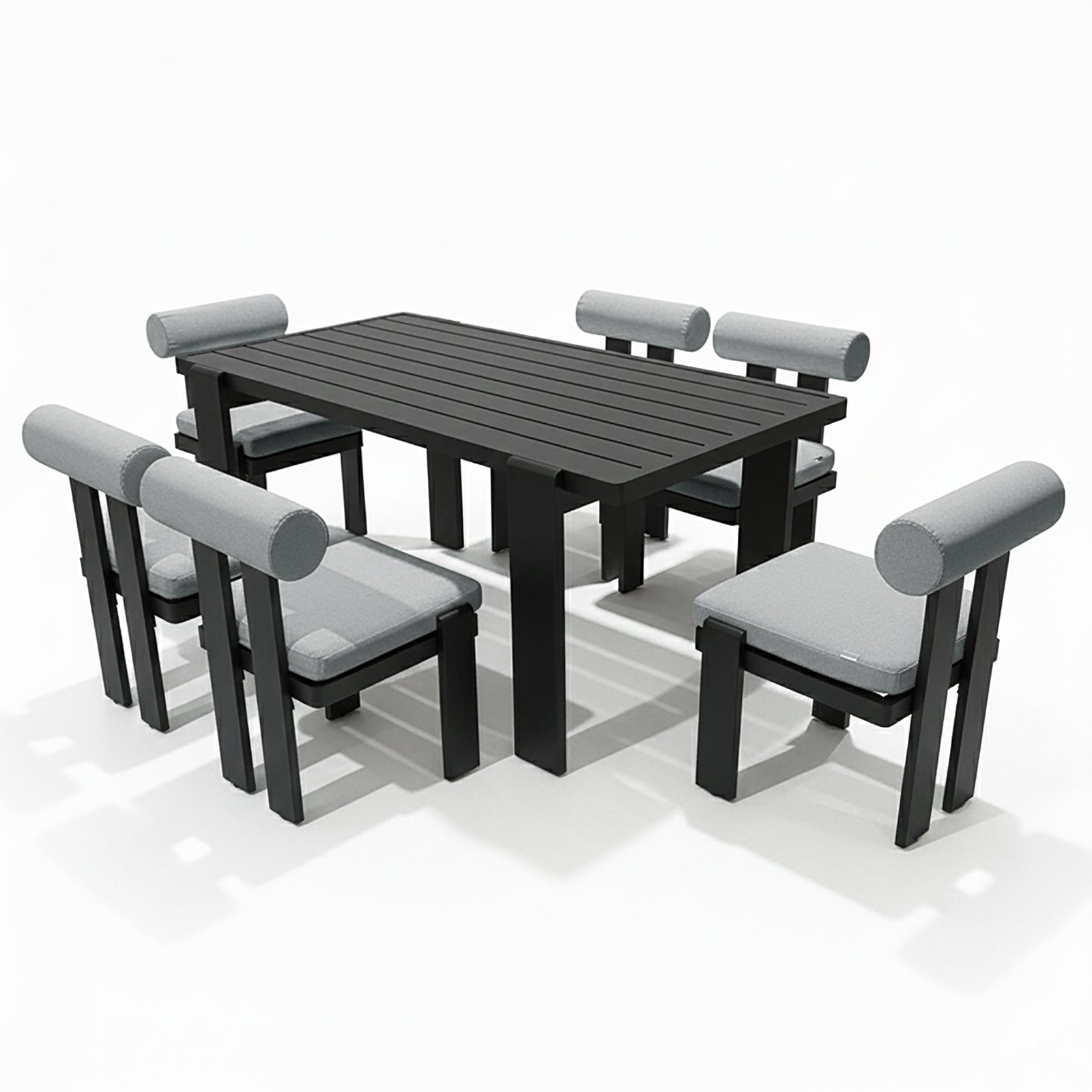 Positano 6 Seater Outdoor Dining Set in Black & Grey featuring a rectangular slatted-top table with six matching chairs, each with grey upholstered seat and roll-style back cushions on a dark frame.