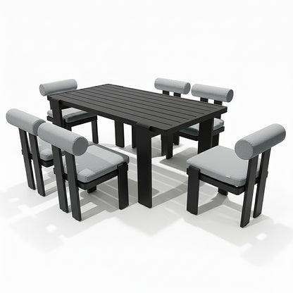 Positano 6 Seater Outdoor Dining Set in Black & Grey featuring a rectangular slatted-top table with six matching chairs, each with grey upholstered seat and roll-style back cushions on a dark frame.
