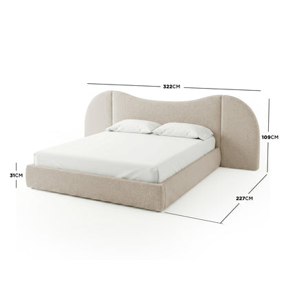 Upholstered bed with dimensions displayed on white background
