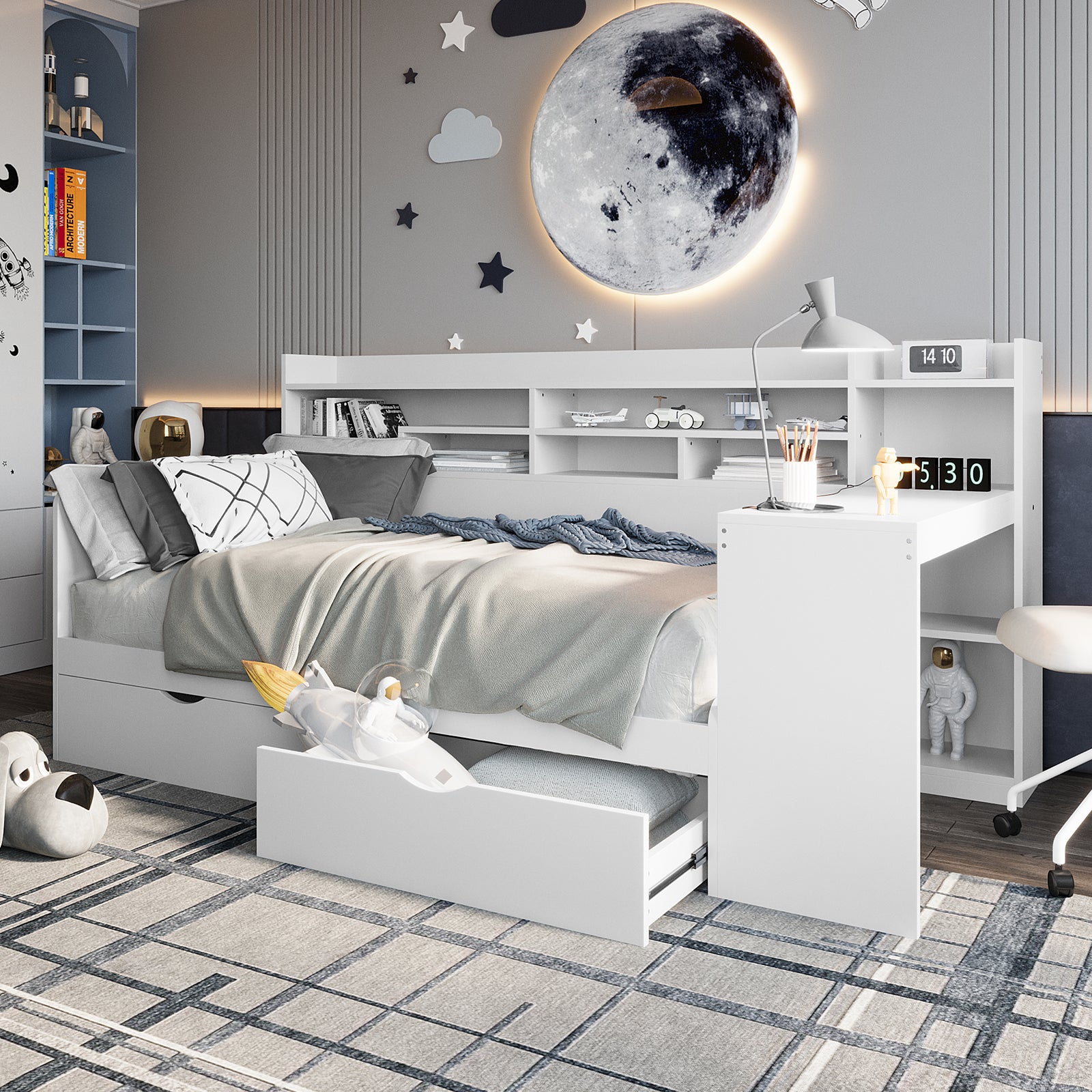 Hally Storage Single Bed with Desk and Drawers in White features integrated shelving, a side desk with a task lamp, and wall décor of a moon mural and star decals.