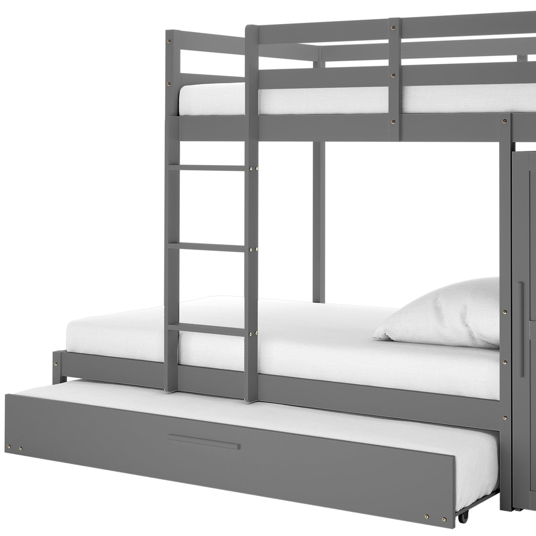 Aron Single Storage Bunk Bed with Trundle in Grey features three sleeping surfaces, integrated ladder, and white mattresses, showcasing smart design for space-saving and sleepovers.