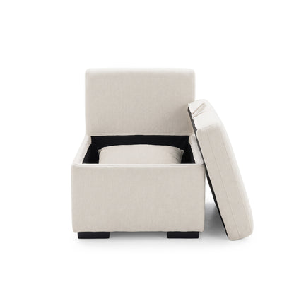 Cream upholstered storage ottoman with open lid on white background