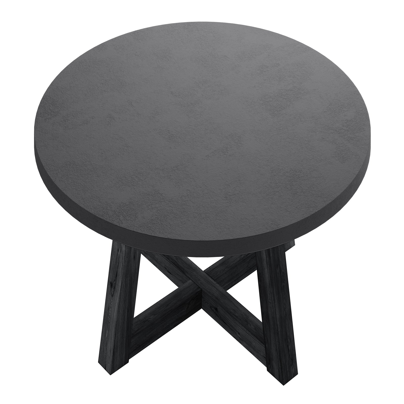 Magnus Hardwood and Concrete Outdoor Dining Table in Grey features a round concrete top with an X-style acacia wood base, ideal for outdoor settings, offering stability and modern elegance.