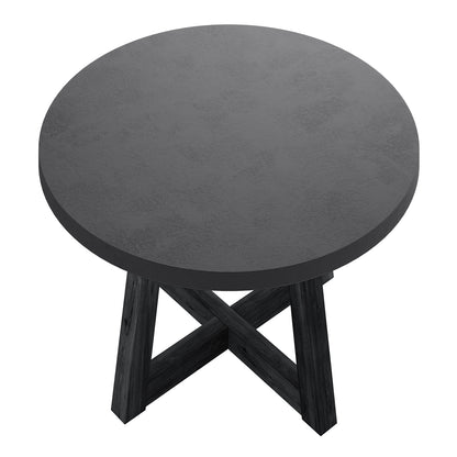 Magnus Hardwood and Concrete Outdoor Dining Table in Grey features a round concrete top with an X-style acacia wood base, ideal for outdoor settings, offering stability and modern elegance.