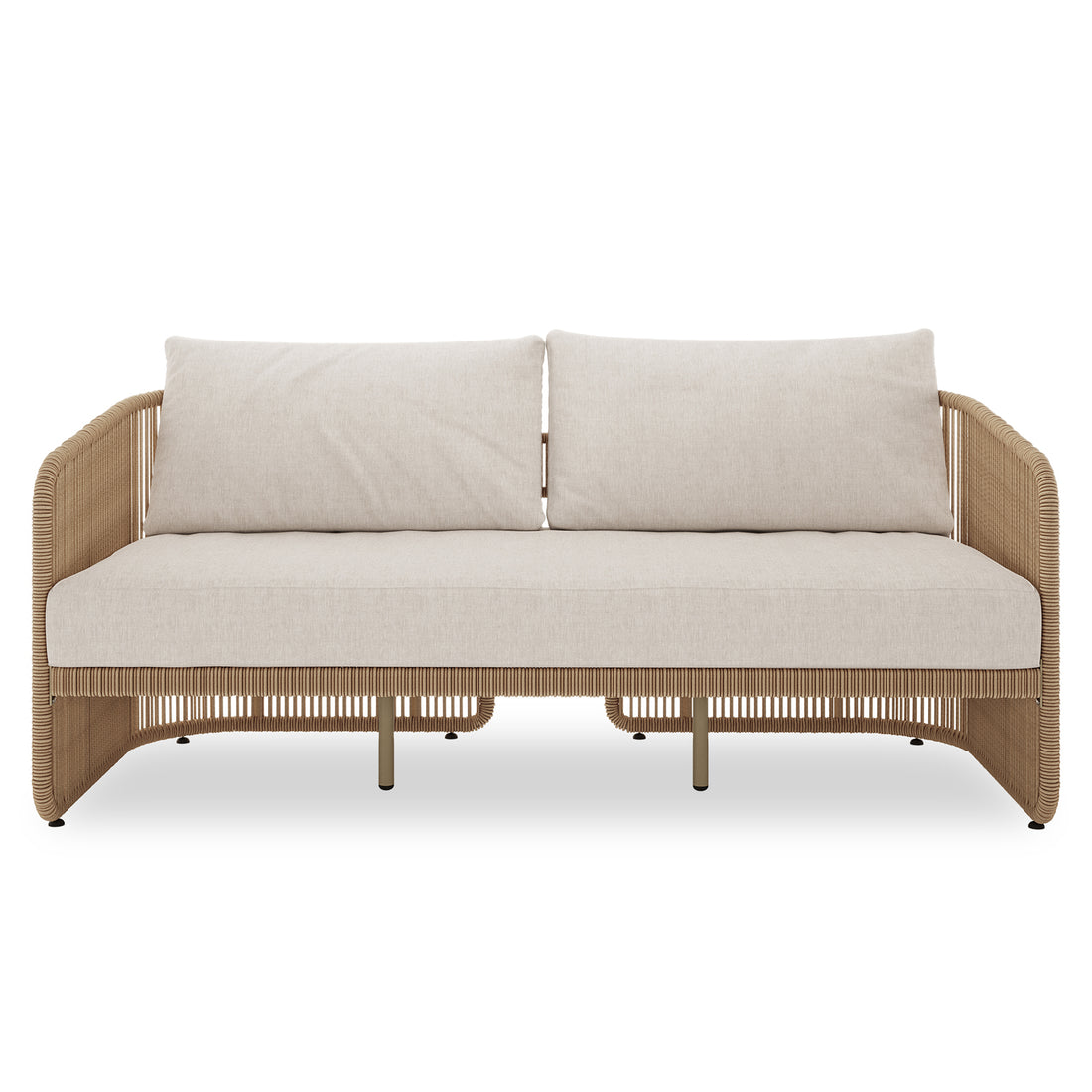Solari 4 Seater Wicker Outdoor Sofa Set in Natural features a modern two-seat sofa with light beige cushions, woven rattan-style frame, slim metal legs, perfect for stylish, durable outdoor lounging.