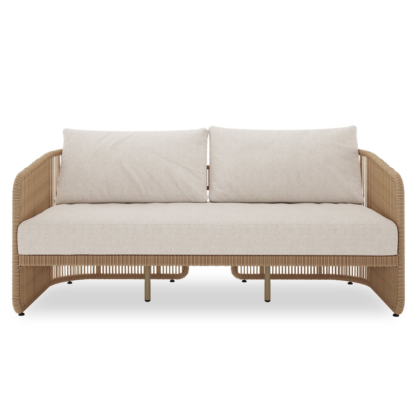 Solari 4 Seater Wicker Outdoor Sofa Set in Natural features a modern two-seat sofa with light beige cushions, woven rattan-style frame, slim metal legs, perfect for stylish, durable outdoor lounging.