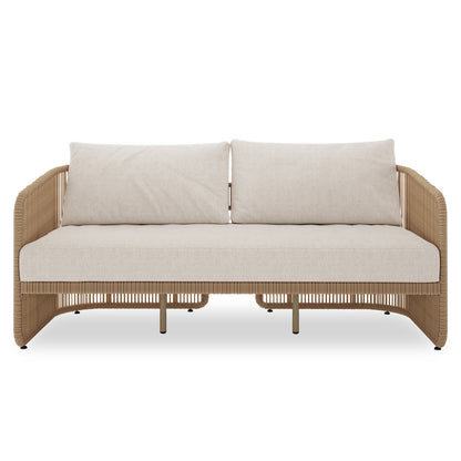 Solari 4 Seater Wicker Outdoor Sofa Set in Natural features a modern two-seat sofa with light beige cushions, woven rattan-style frame, slim metal legs, perfect for stylish, durable outdoor lounging.