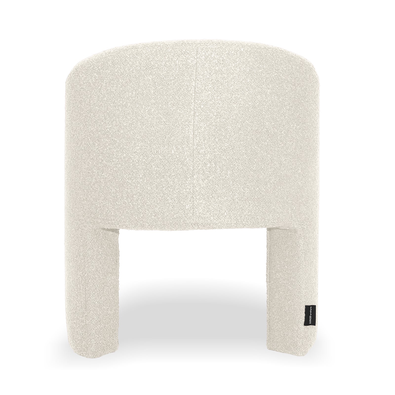 Nuve Bouclé Upholstered Accent Armchair in Cream White, showcasing a minimalist design with an off-white boucle fabric, curved back, and two short integrated front legs, exuding modern comfort and style.