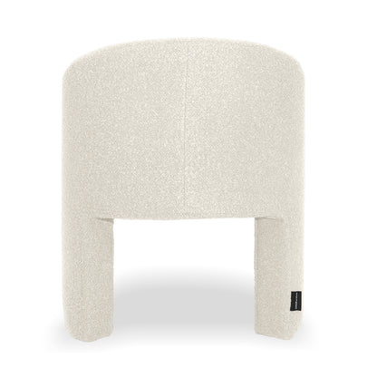 Nuve Bouclé Upholstered Accent Armchair in Cream White, showcasing a minimalist design with an off-white boucle fabric, curved back, and two short integrated front legs, exuding modern comfort and style.