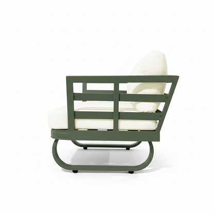 Paloma Modular Outdoor Lounge Set in Olive Green features a modern design with an olive-green metal frame, horizontal slats, a curved sled base, and thick cream cushions for a stylish outdoor seating solution.