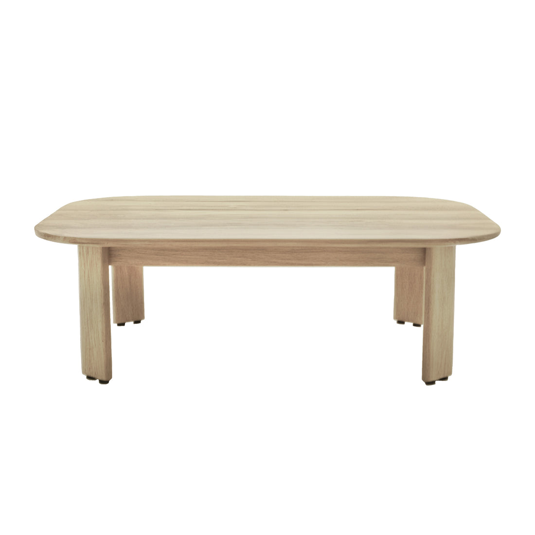 Elani 5 Seater Acacia Hardwood Outdoor Sofa Set in Black, featuring a minimalist, light-toned wood coffee table with rounded corners and splayed legs, on a plain white background.