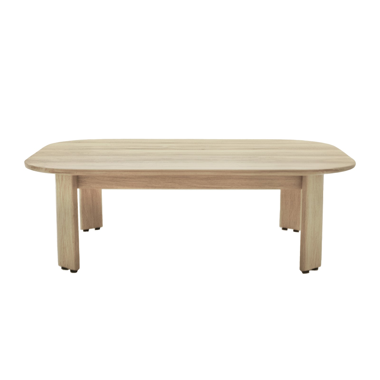 Elani 5 Seater Acacia Hardwood Outdoor Sofa Set in Black, featuring a minimalist, light-toned wood coffee table with rounded corners and splayed legs, on a plain white background.