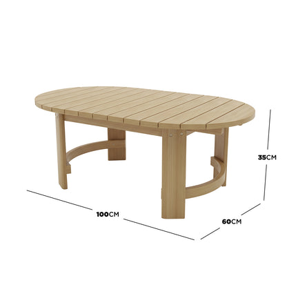 Delva 4 Seater Hardwood Acacia Outdoor Sofa Set with low, slatted, oval-shaped wooden coffee table, four straight legs, curved stretchers; dimensions: 100cm length, 60cm width, 35cm height.