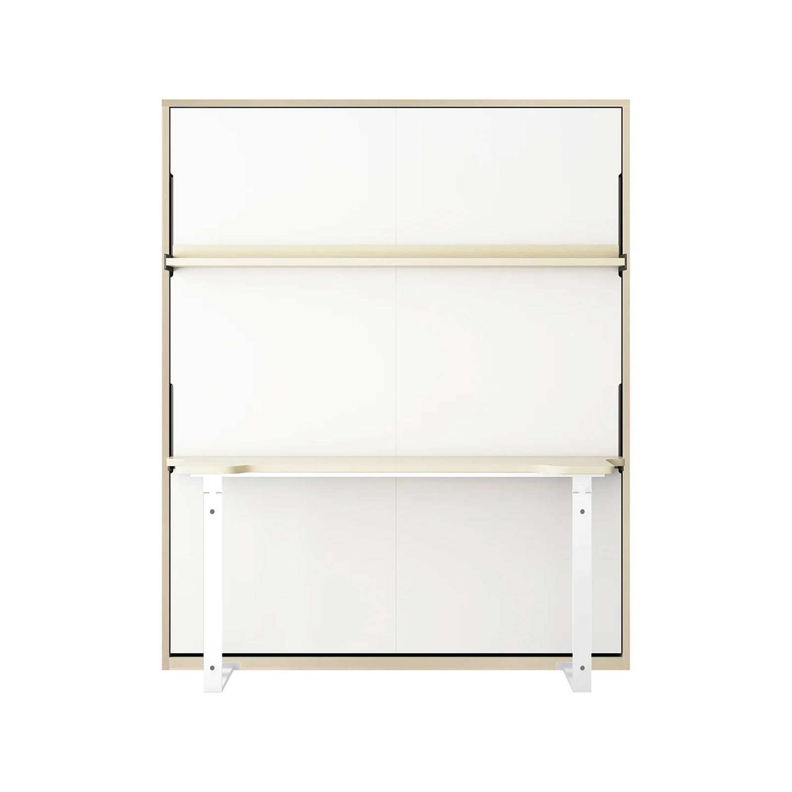 Logan Queen Murphy Bed & Cybele Mattress in White Natural, showcasing a minimalist design with a wall-mounted folding desk, integrated shelf, and pull-down surface supported by sleek white metal legs.