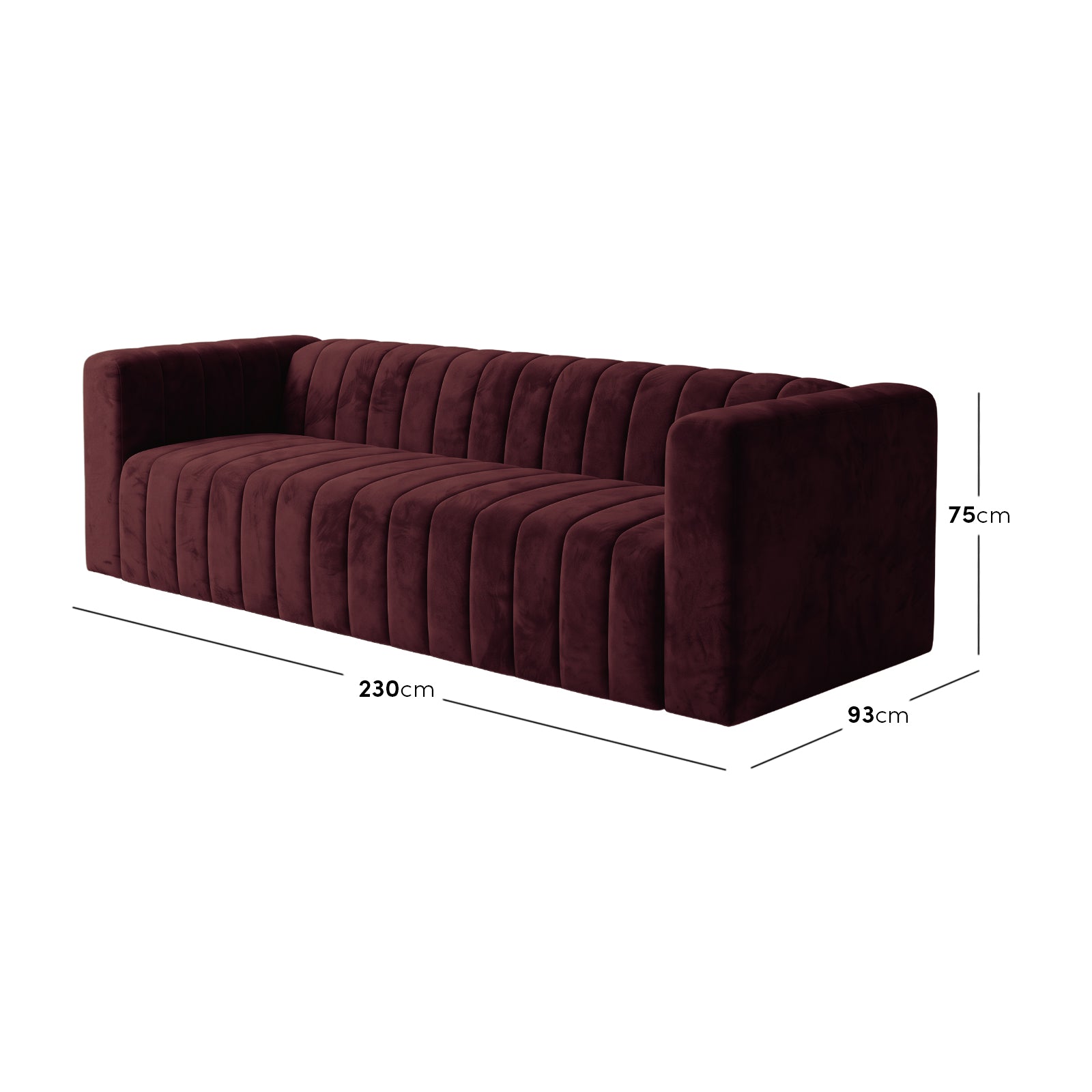 Dark Merlot sofa on white background with labeled dimensions