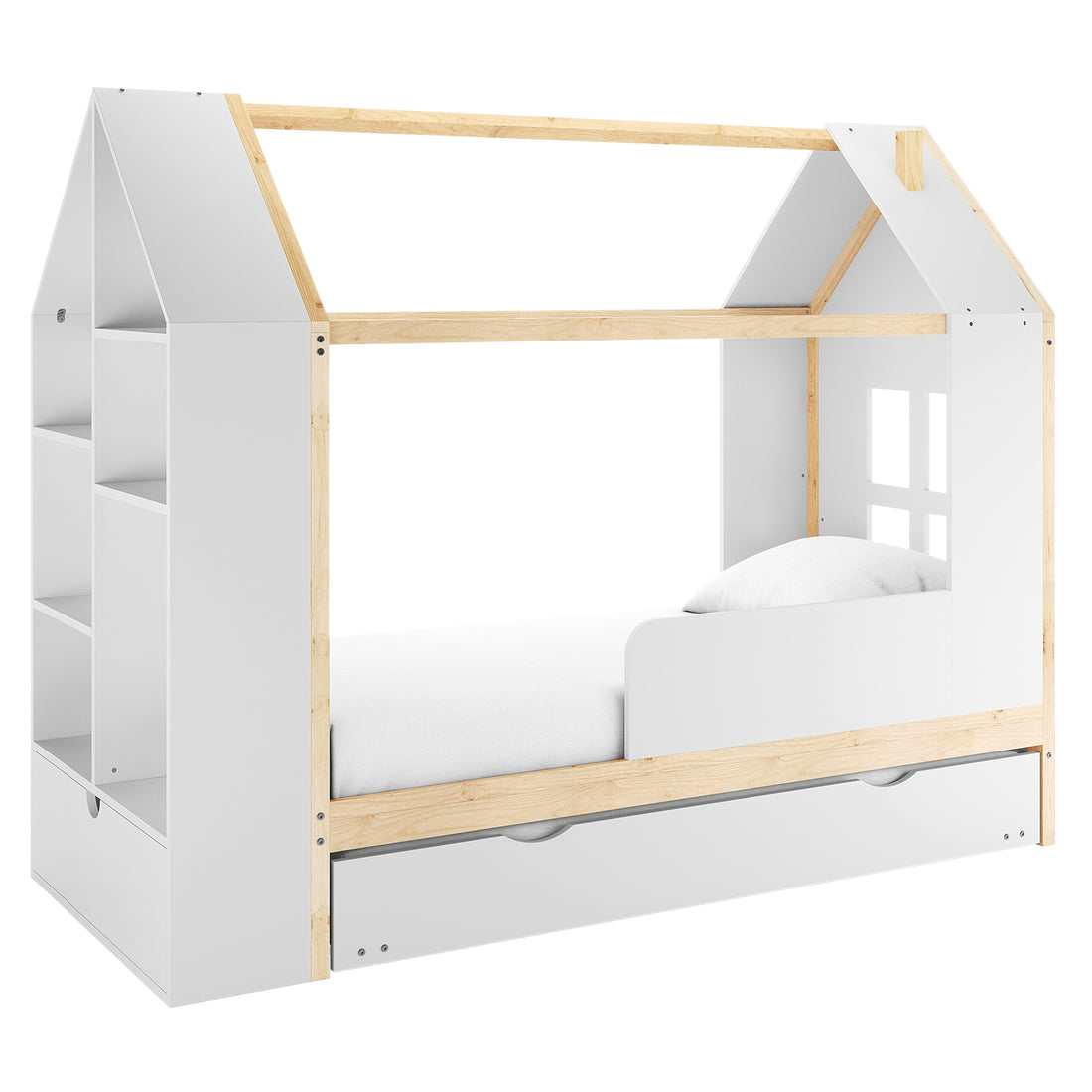 Halden Kids Cubby Bed Storage & Trundle in White & Natural features a house-shaped frame, built-in shelving, pull-out storage drawer, and a low guardrail, creating a playful yet functional sleep space.
