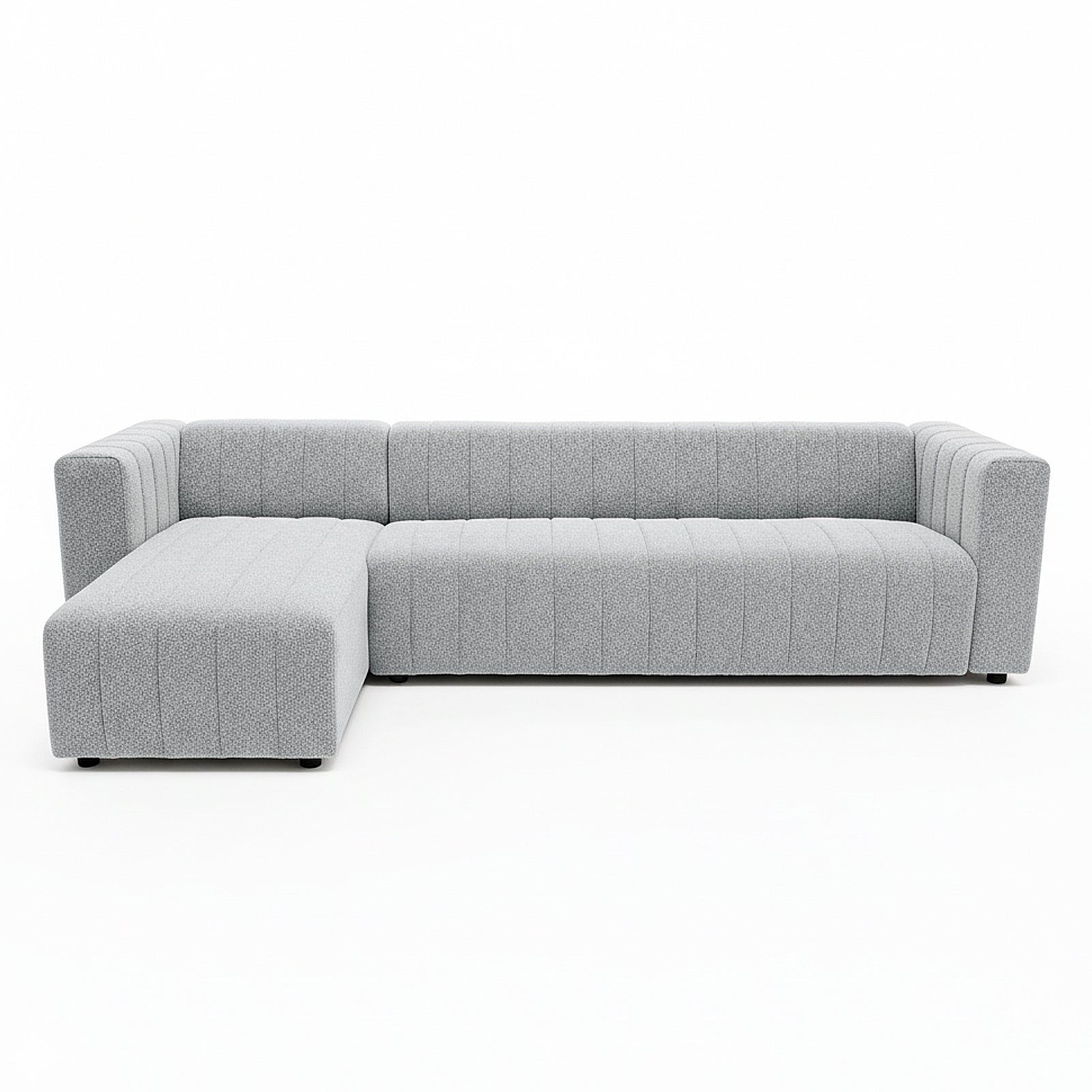 Parisa 4 Seater Tufted Boucle Sofa with Chaise in Light Grey, featuring plush bouclé upholstery, deep seats, and a left-side chaise. Modern, tufted design ideal for comfortable, family-sized lounging.