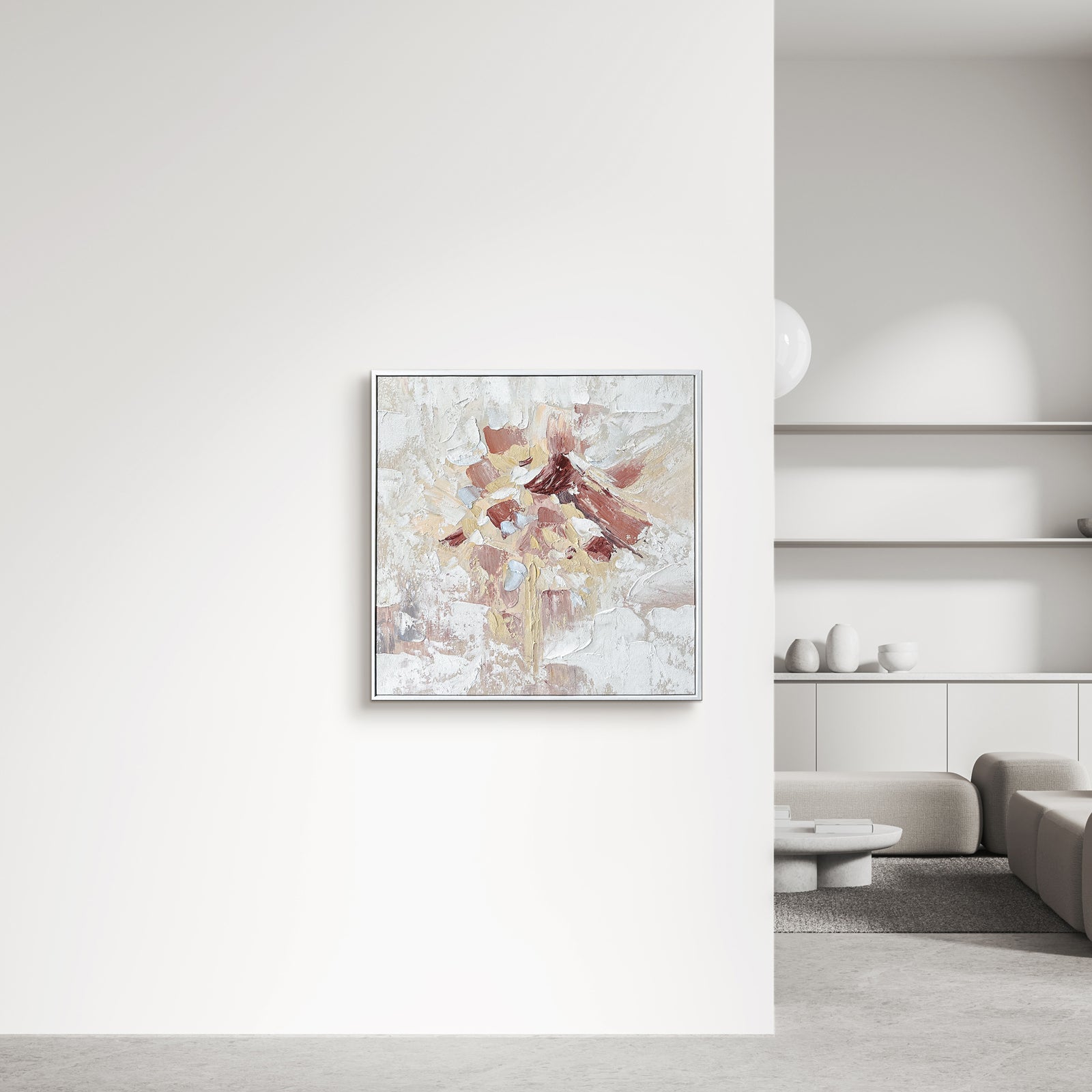 Bloom Framed Canvas Wall Art 105 x 105cm in White, featuring abstract hand-finished textures on a poly-cotton canvas, with a minimalist white frame, enhancing contemporary interiors with subtle elegance.