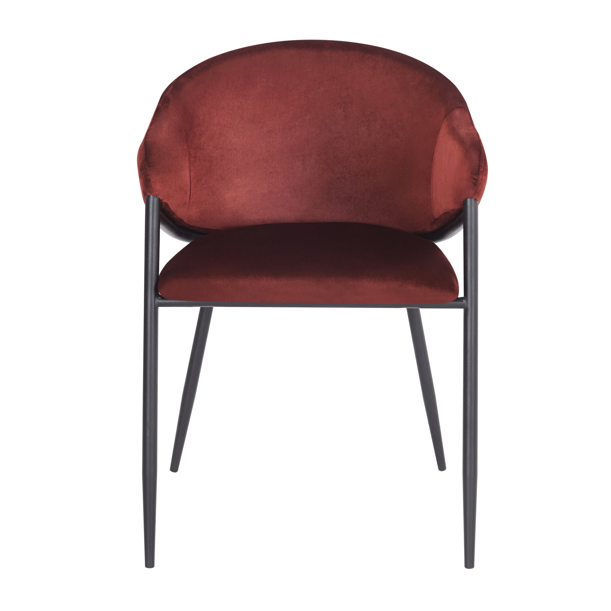 Front view of burgundy velvet accent chair on white background