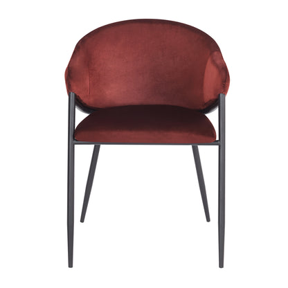 Front view of burgundy velvet accent chair on white background