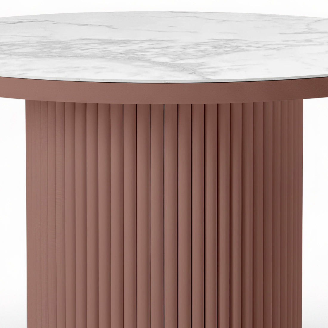 Evone Aluminium Outdoor Dining Table in Terracotta with a round white marble-look top featuring gray veining, supported by a cylindrical, fluted terracotta base, designed for outdoor durability and style.