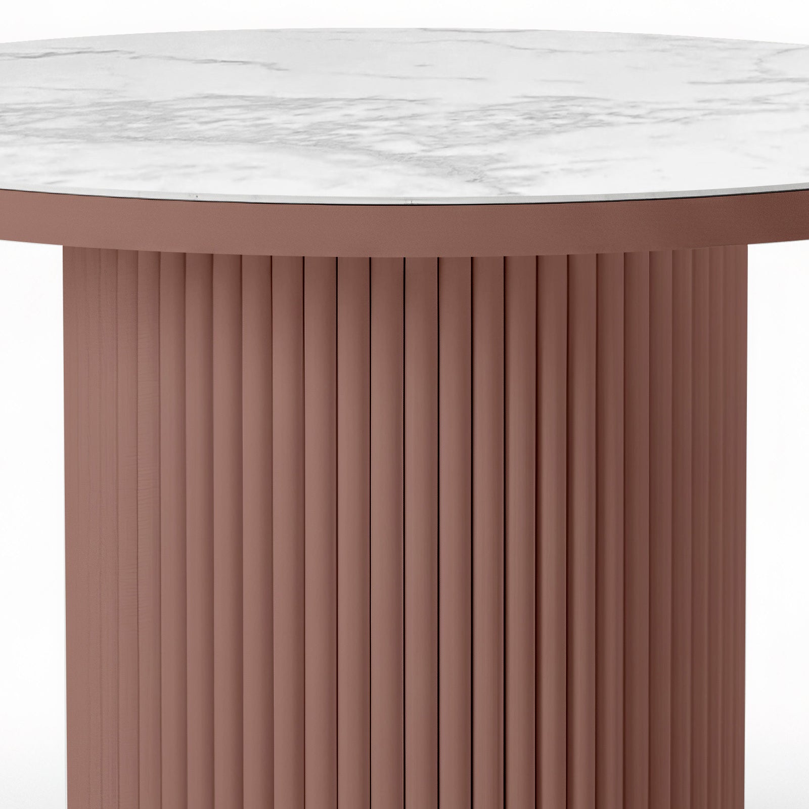 Evone Aluminium Outdoor Dining Table in Terracotta with a round white marble-look top featuring gray veining, supported by a cylindrical, fluted terracotta base, designed for outdoor durability and style.