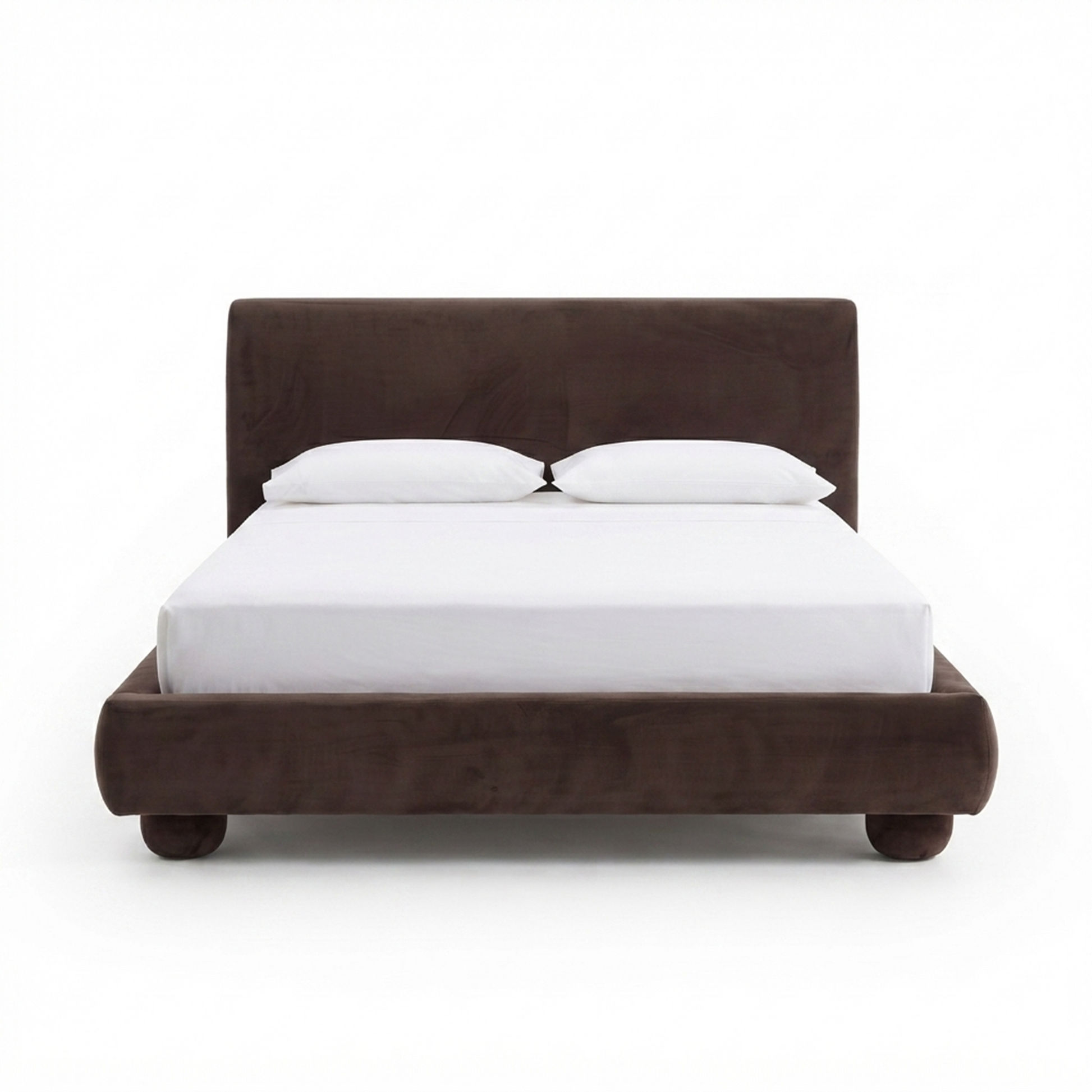 Full upholstered dark brown bed with white bedding on a white background
