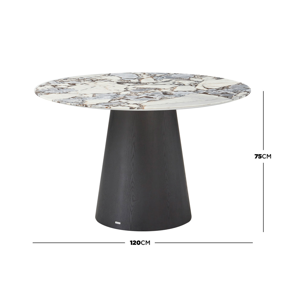Dina 120cm Round Marble Dining Table: Features a circular Calacatta-style marble top with brown and gray veining, supported by a dark wood-grain conical pedestal base. Dimensions: 120cm diameter, 75cm height.