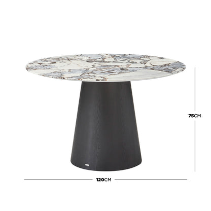 Dina 120cm Round Marble Dining Table: Features a circular Calacatta-style marble top with brown and gray veining, supported by a dark wood-grain conical pedestal base. Dimensions: 120cm diameter, 75cm height.