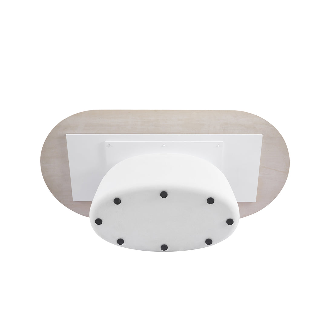 Underside view of a modern table base on a white background