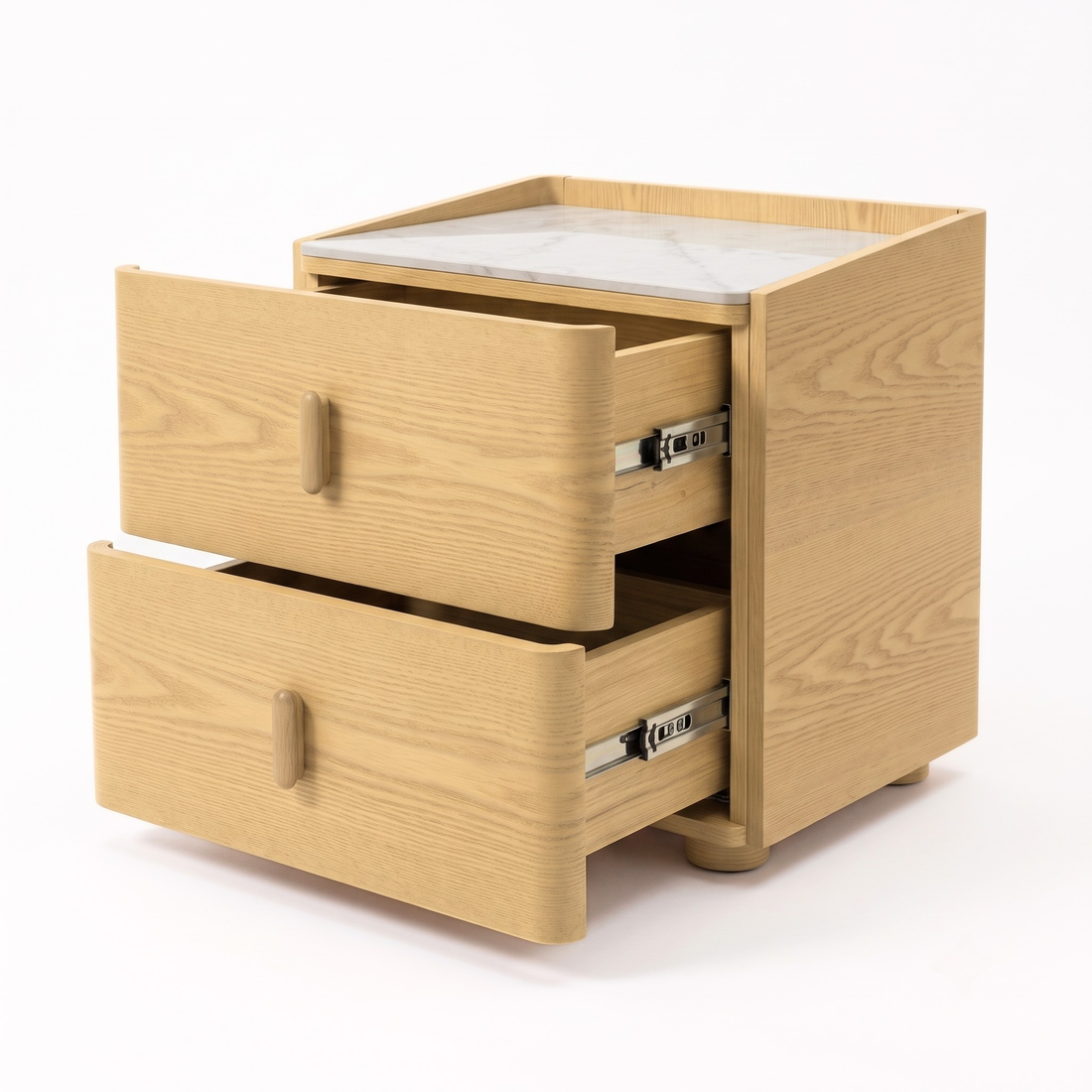 Wood nightstand with two open drawers on a white background