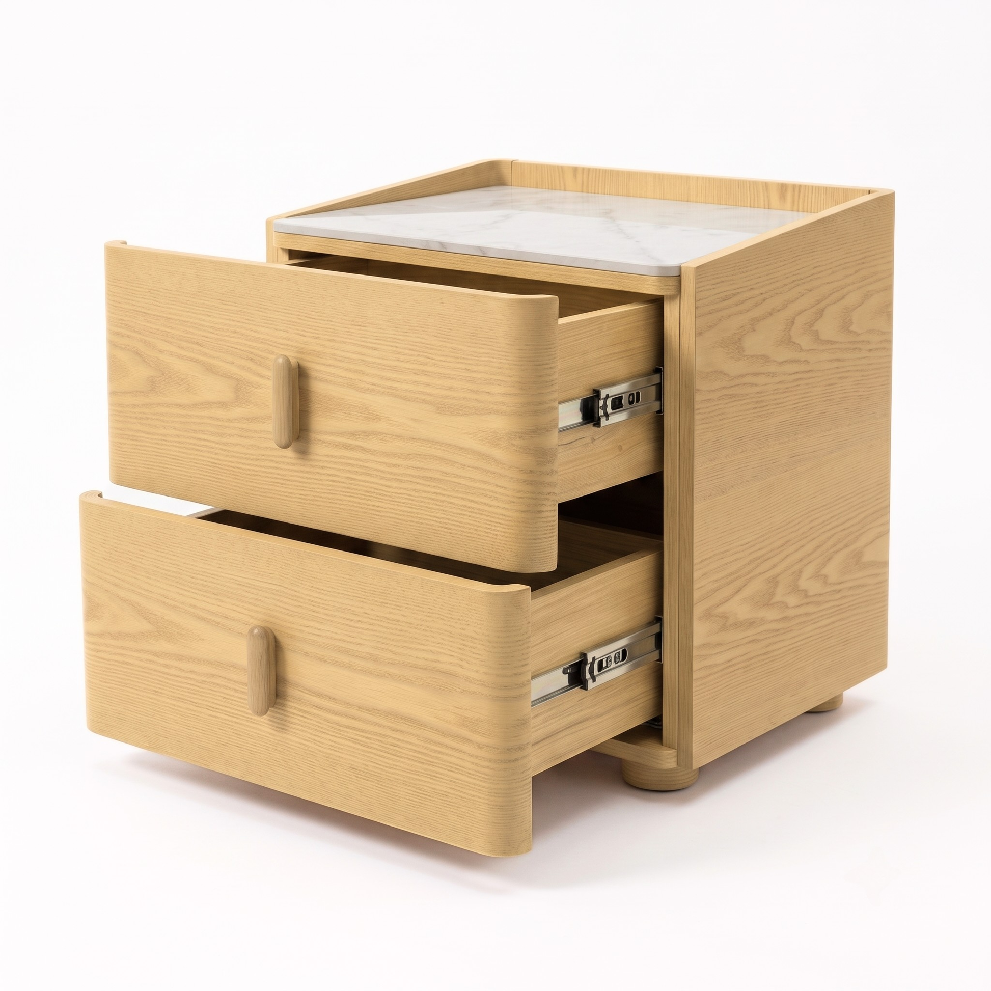 Wood nightstand with two open drawers on a white background