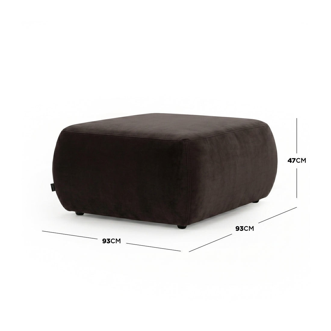 Square dark ottoman with dimensions marked on white background