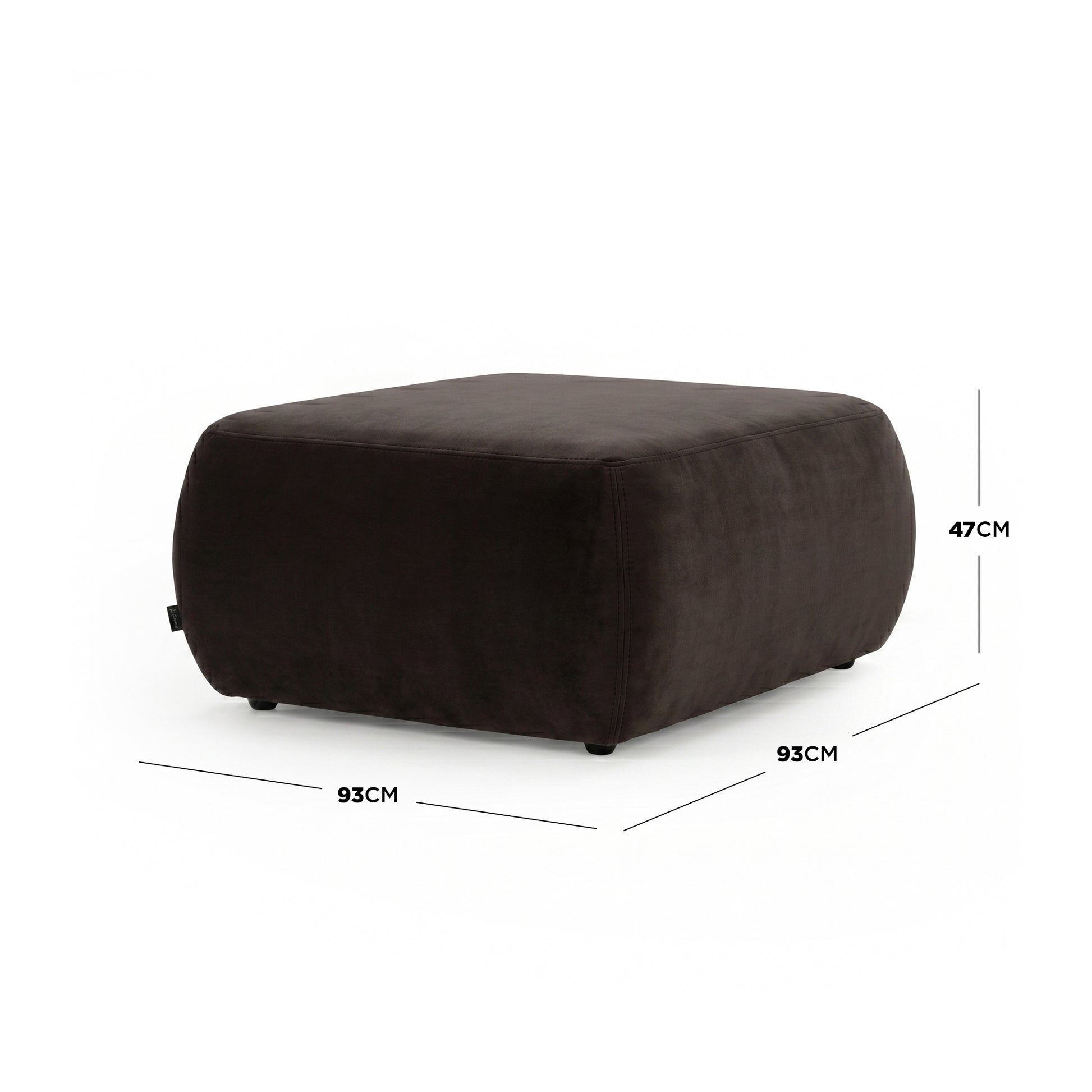 Square dark ottoman with dimensions marked on white background
