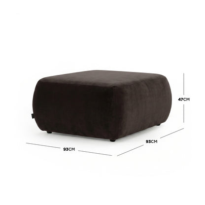 Square dark ottoman with dimensions marked on white background