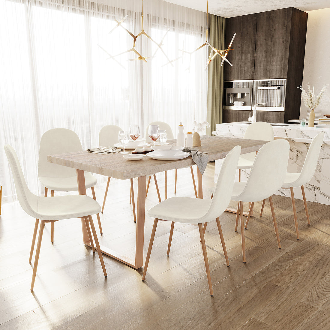Oregon Dining Table with 8 Florida Chairs Set in Sand features a sleek wooden table and molded-seat chairs, complemented by gold-tone chandeliers, creating an elegant, contemporary dining space.