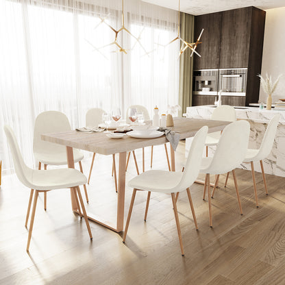 Oregon Dining Table with 8 Florida Chairs Set in Sand features a sleek wooden table and molded-seat chairs, complemented by gold-tone chandeliers, creating an elegant, contemporary dining space.