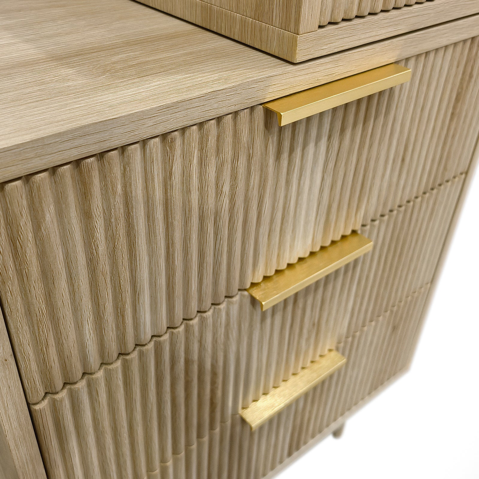 Serenity Dressing Table with Touch Screen Mirror in Natural, featuring vertically fluted drawer fronts, slim rectangular brass-tone handles, and a sleek, modern design.