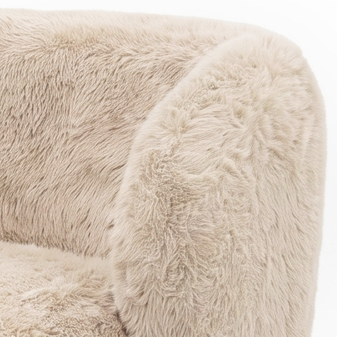 Close-up of beige faux fur upholstered furniture corner and seat on a white background