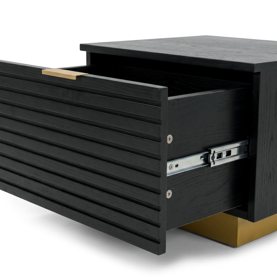 Close-up of black grooved nightstand drawer partially open on white background