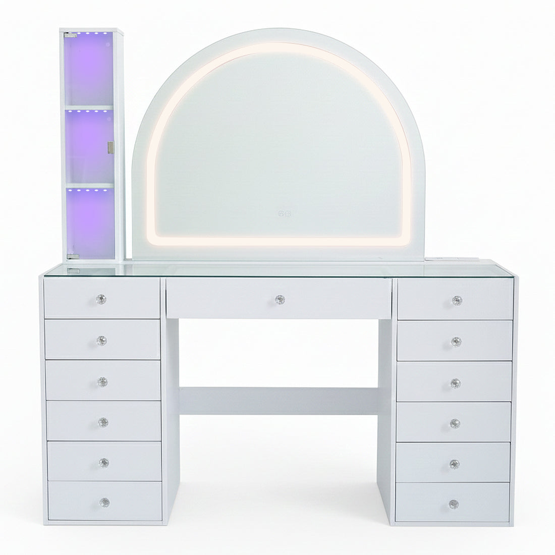 White vanity table with LED mirror and drawers on white background