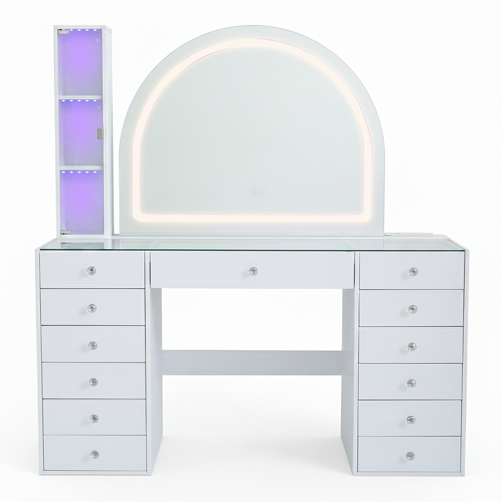 White vanity table with LED mirror and drawers on white background