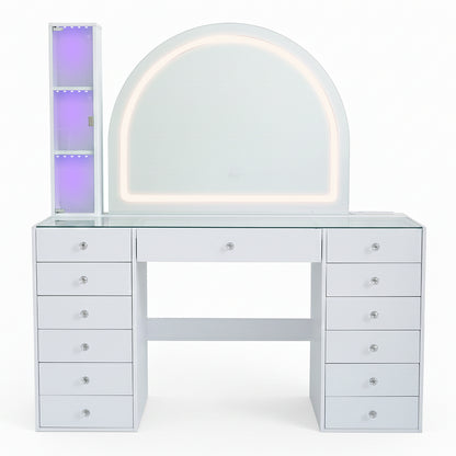 White vanity table with LED mirror and drawers on white background